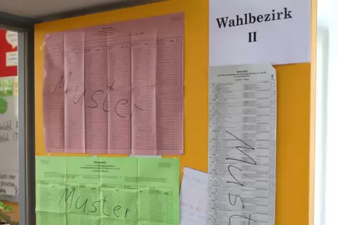 An der Tür eines Wahllokals hängen alle Stimmzettel zur Ansicht. 