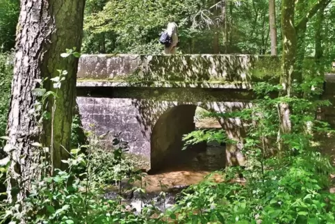 Eine kleine Bogenbrücke aus Sandstein führt über die Isenach.
