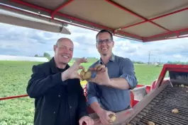 FCK-Urgestein Axel Roos (links) und Hartmut Magin von der Erzeugergemeinschaft Pfälzer Grumbeere machen auf der Erntemaschine ei