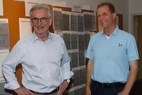 So war es 2019: Im Raum 041 gratuliert der bisherige Stadtchef Karl-Heinz Seebald seinem Nachfolger Michael Vettermann. 