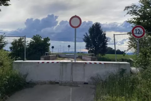 Der Wirtschaftsweg mit der gesperrten Brücke verläuft zwischen der L540 (Straße von Rülzheim nach Bellheim) und der B9.