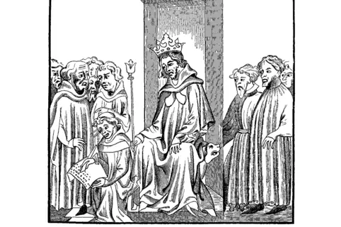 Legendenhafte Darstellung aus dem 14. Jahrhundert: Chlodwig I. diktiert die „Lex Salica“. Die Gesetzessammlung enthält viele Bez