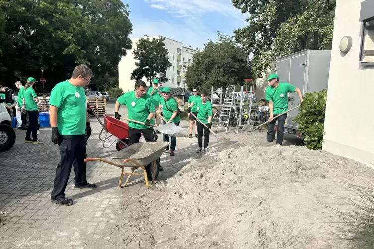 Die Mitarbeiter vom Unternehmen Abbvie greifen zur Schaufel.