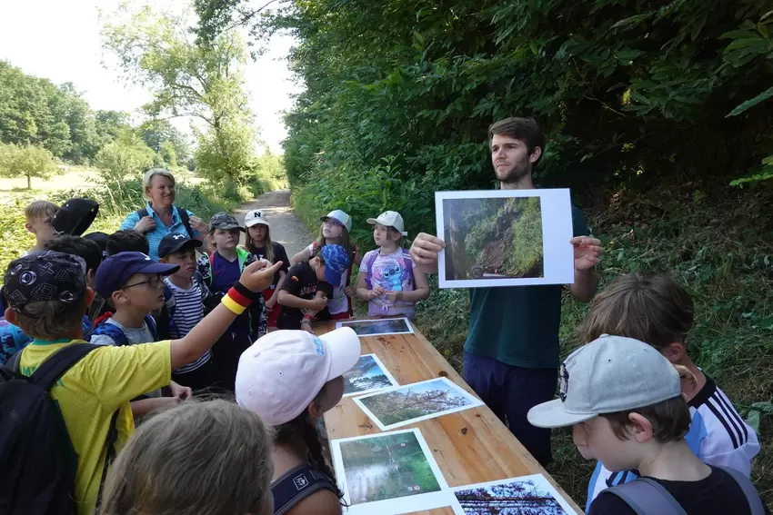 Fabian Keck, Leiter des Forstreviers Stumpfwald, erklärte Wattenheimer Grundschülern anhand von Bildern, wie Klimaschäden in der