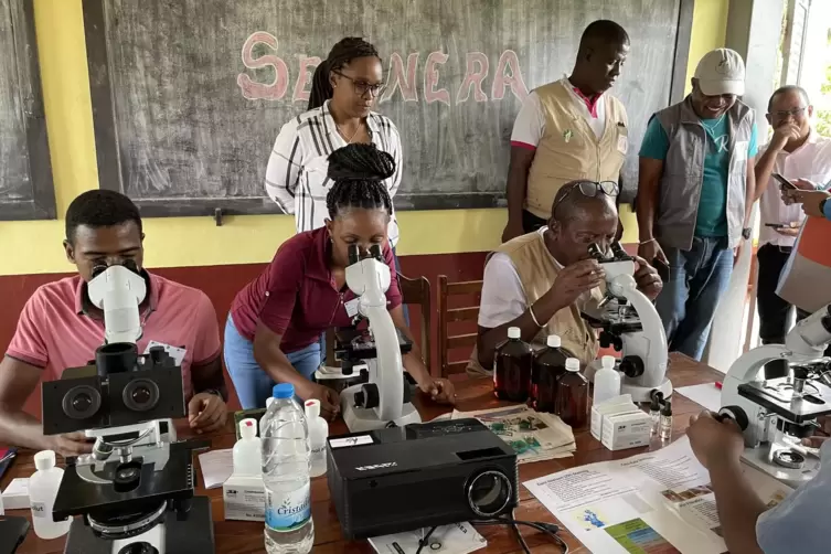 Schulung im Diagnostiklabor auf Madagaskar: Mit Mikroskopen werden Proben ausgewertet. Der Homburger Arzt Sören Becker vermittel