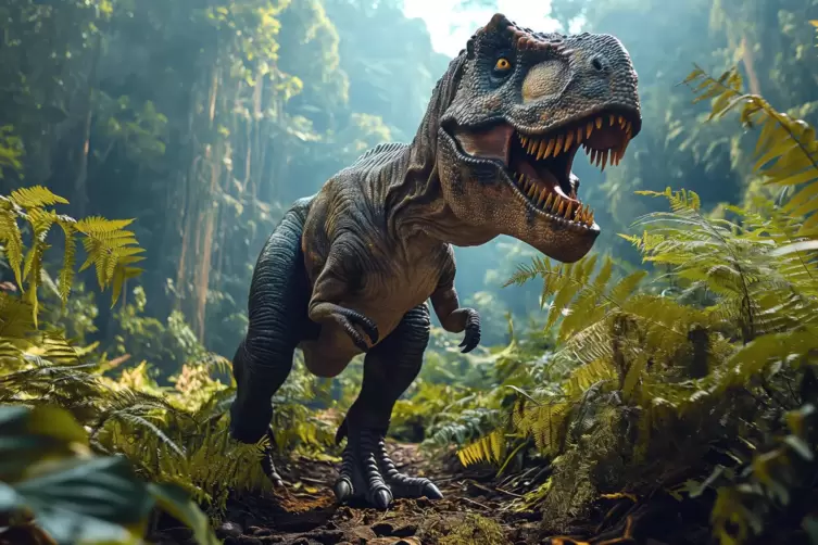 Der „König“ darf nicht fehlen: Auch ein Tyrannosaurus rex streift durch das Planetarium Mannheim – im neuen Animationsfilm „Dino