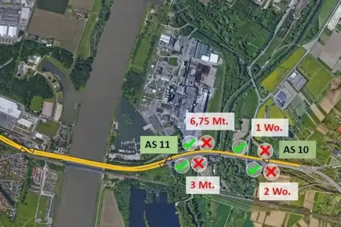 Zwei Anschlussstellen werden gesperrt. Für wie lange, das geben die roten Zahlen an (Mt. steht für Monat, Wo. für Woche).