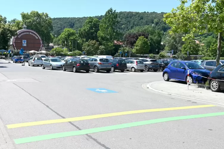 Dicke Linien sowie eine auf den Asphalt gemalte Parkscheibe sollen den Autofahrern Orientierung bieten. 