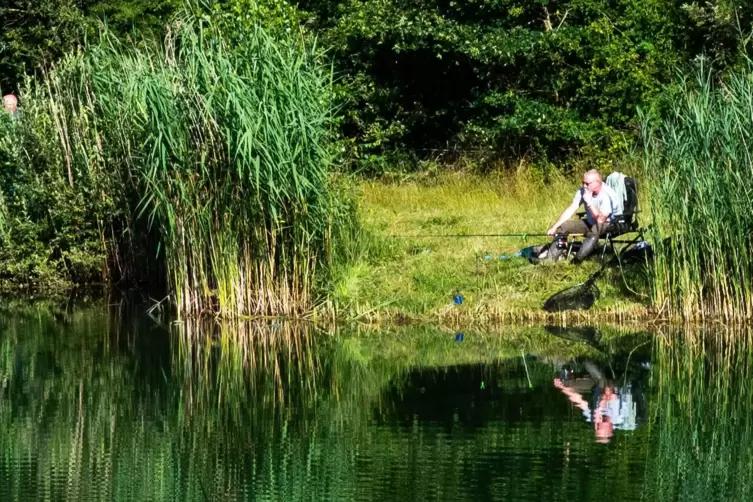 In der Ruhe liegt die Kraft: Am großen Weiher in der Erdekaut haben sich Angler zum Königsangeln platziert. 