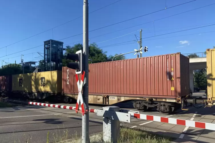 Regelmäßig wird der Bahnübergang Rhein/Mitte in Germersheim von Güterzügen blockiert, weil der Zug auf Streckenfreigabe wartet. 