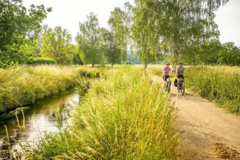 Auf zwei Rädern in der grünen Landschaft unterwegs: der Lautertalradweg bei Katzweiler. 