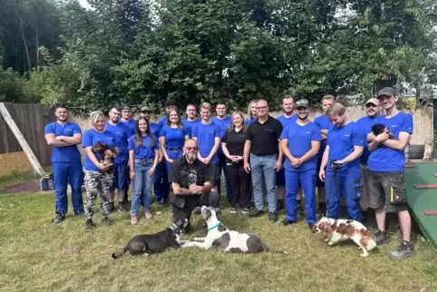 Ganz in blau: 19 Azubis der Firma Corning haben bei der Animal Sunshine Farm kräftig angepackt. 