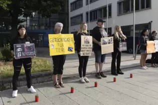 Mahnwache vor dem Justizgebäude in Kaiserslautern am Donnerstagmorgen: Auf Plakaten werden unter anderem "harte Strafen für Tier