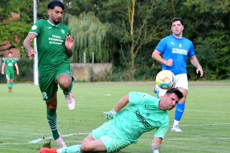  VfR-Goalgetter Erik Tuttobene (links) scheitert bei der Sportwoche in Albisheim am Alsenborner Keeper Janik Ulrich (unten). 