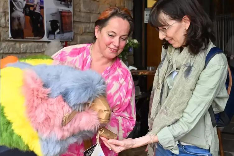 Stefanie Marz aus Mußbach (rechts) begutachtet am Stand von Katrin Wölki (Sheepskin Nature) einen bunten Schafshocker aus Naturm