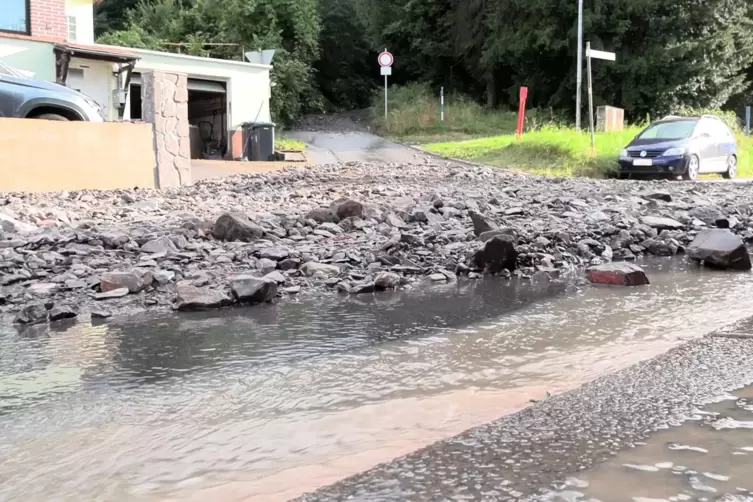 Im saarländischen Fürstenhausen sind die Straßen voll mit Geröll, welches durch den Starkregen einen Waldweg runtergespült wurde