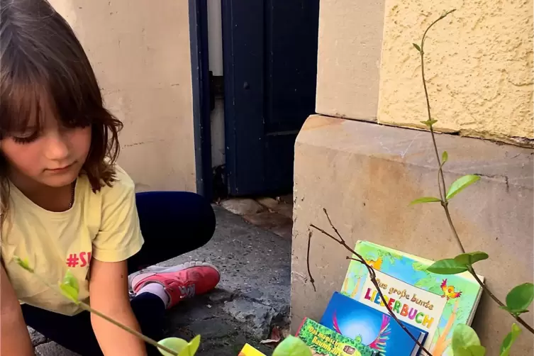 Begeisterte Nachwuchs-Bibliothekarin: Matilda sortiert ihre Auslage an Kinderbüchernvor der heimischen Haustür der Größe nach.