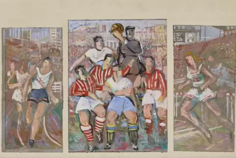 Fritz Zolnhofer: „Triptychon mit Sportszenen“, Gouache über schwarzer Kreide auf graublauem Papier, aufkaschiert auf leichten Ka