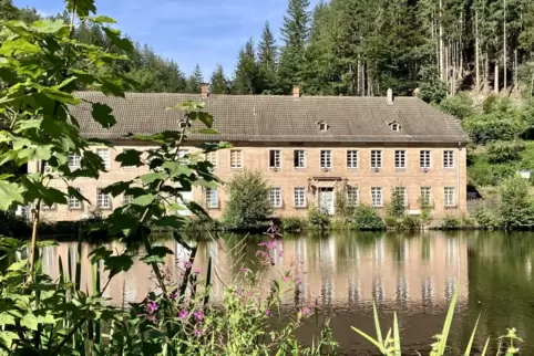 Im aufgestauten Wasser der Moosalb spiegelt sich das Herrenhaus am Unterhammer.