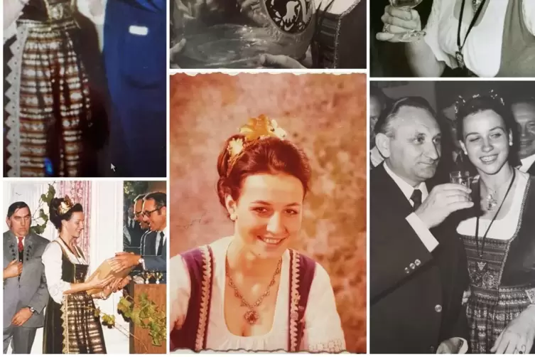 Collage aus dem Fotoalbum: Annette Oehl 1974/75 als Pfälzer Weinkönigin, unter anderem mit dem SPD-Politiker Egon Bahr (unten re