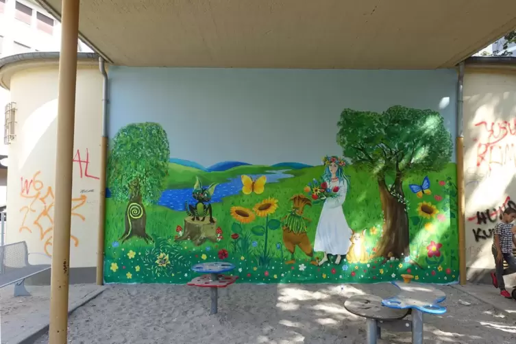 Das Wandbild am Trafohaus mit dem ernsten Hintergrund.