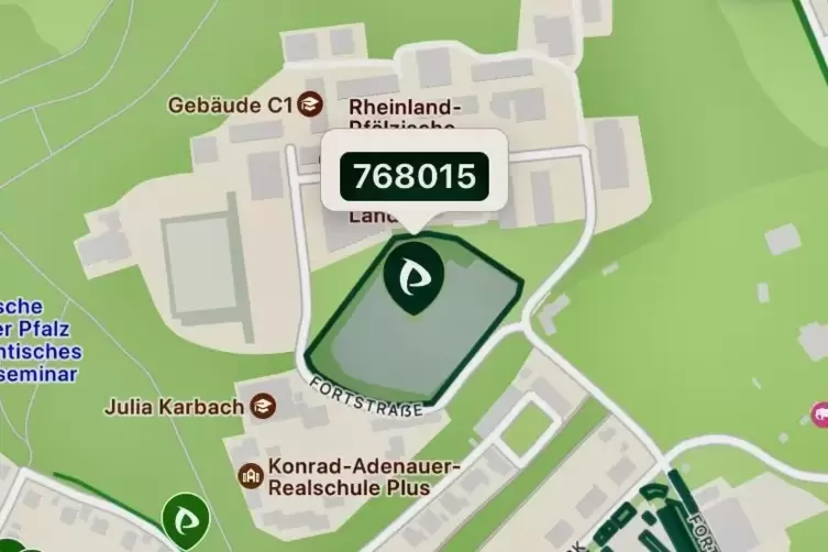 Der Uniparkplatz in der Darstellung der Parkster-App. 