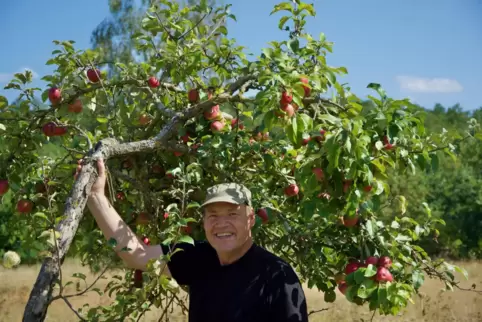 Henning Cramer, Vorsitzender der Nabu-Gruppe Heidewald, unterstützt einen schiefen Apfelbaum.