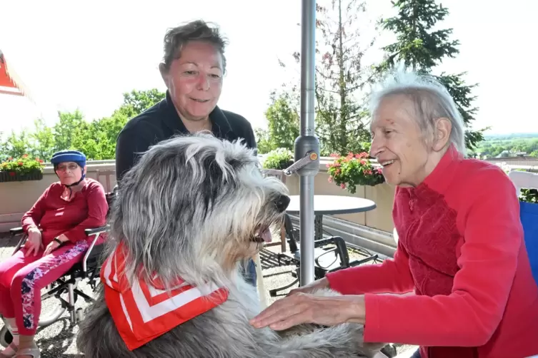 Anette Langhauser (hinten stehend) mit Hündin Estella zu Besuch in einem Seniorenheim.