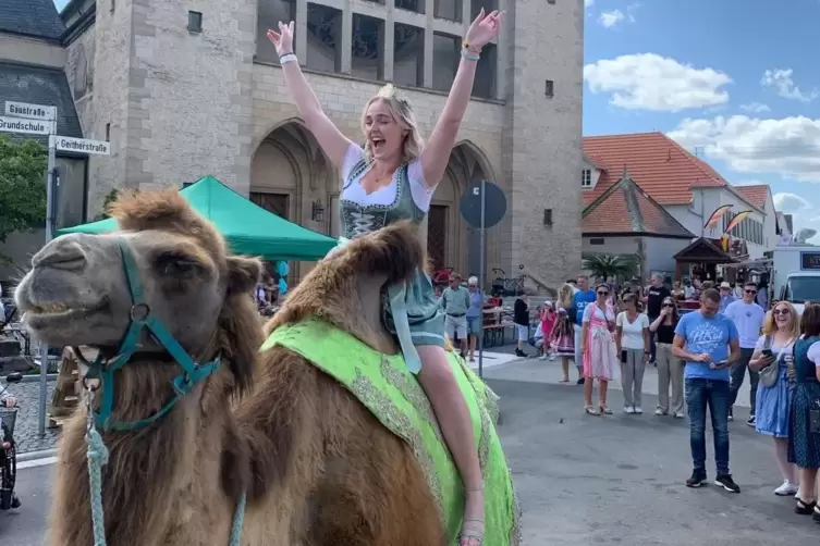 Weinprinzessin Leonie auf einem Kamel in Geinsheim.