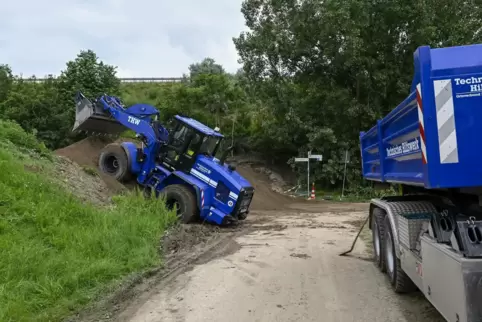 Hochwasserschutz: Wo sonst Radler und landwirtschaftliche Fahrzeuge queren, haben Technisches Hilfswerk, Feuerwehr und weitere O