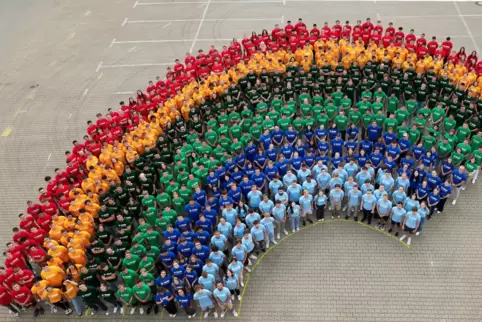 Offizielles Foto von den Neuen: Gruppenbild in Regenbogenfarben beim Ausbildungsstart der BASF. 