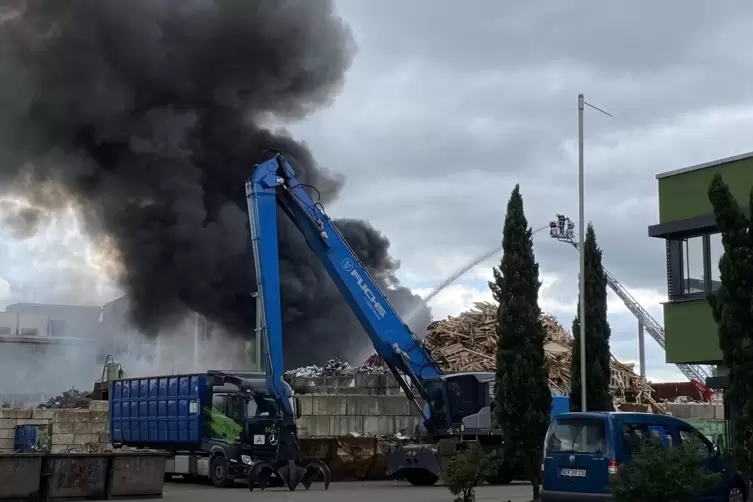 Mit einem Wasserwerfer von der Drehleiter löschte die Germersheimer Feuerwehr den Brand. 