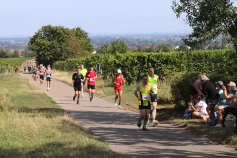 Eine Wandergruppe applaudiert bei Kilometer 3,5. Vorne Thomas Dambach vom TSV Kandel.