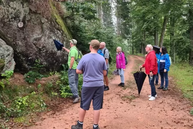  Heimatkundler Jochen Stadler (links) erklärt den historischen Hintergrund der in die Felsen eingemeißelten Wappen auf dem Pioni