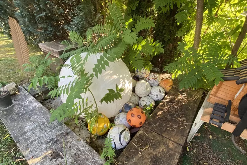 Dieser alte Sandkasten soll in einen Teich umfunktioniert werden. Aktuell lagern dort Bälle, die der Glan angeschwemmt hat.