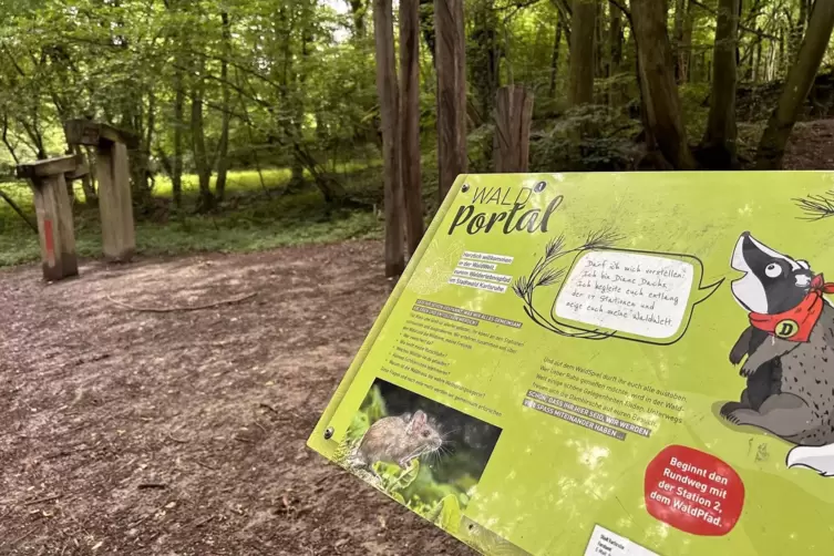 Ein Dachs klärt auf: Auf dem Waldpfad erklären Schilder Flora und Fauna. Das gefällt auch Kindern.