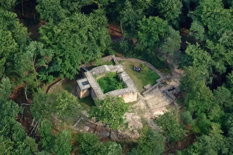 Es ist die besterhaltene Burg aus salischer Zeit in Deutschland: das Schlössel aus der Luft betrachtet. 