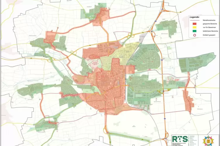 Die roten Bereiche der Stadt Landau sind am 3. Oktober gesperrt. 