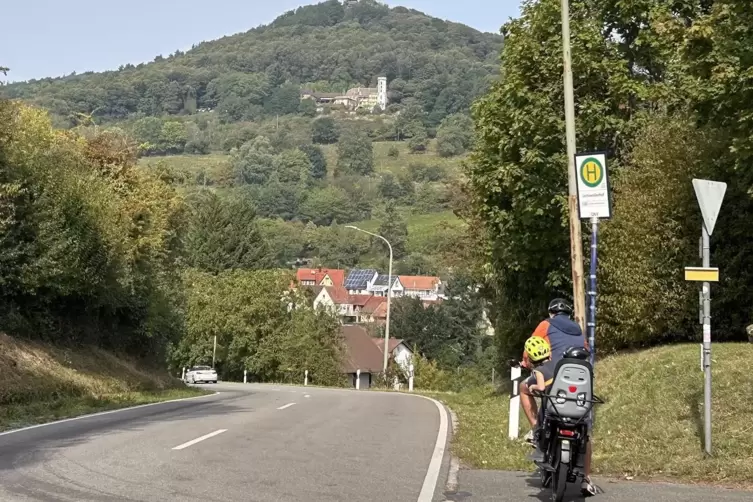 Bis zum Slevogthof (im Hintergrund) oberhalb von Leinsweiler zieht die Strecke kräftig an. Für E-Bikes kein Problem. 