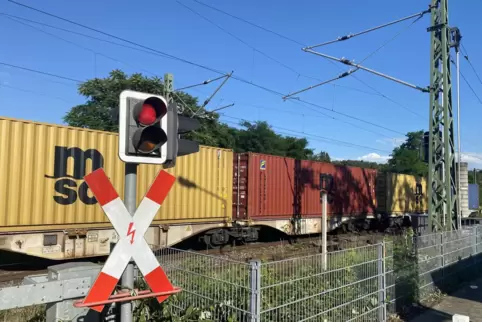 Ein Güterzug blockiert den Bahnübergang Germersheim Mitte/Rhein. 