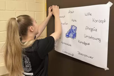 Angelina Schreyer hängt das Poster mit dem TSG-Bären und den Werten der TSG-Frauen in der Haßlocher Kabine auf.