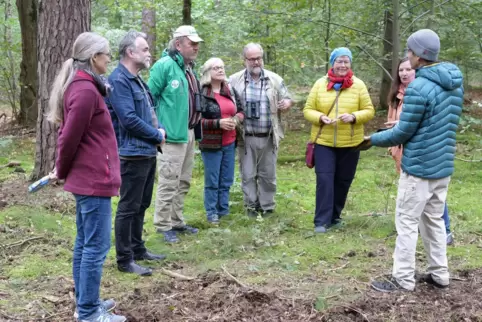 Exkursionsteilnehmer im Stadtwald: Naturschutz-Potenziale bei Ortstermin erkundet.