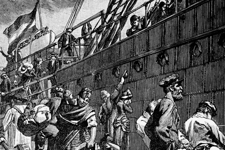 Eine historische Illustration zeigt Deutsche im Jahr 1897 auf dem Weg per Schiff nach Amerika.