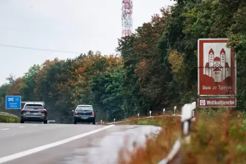 Blickfang: Hinweistafel auf den Kaiserdom an der A61 kurz vor dem Autobahnkreuz Speyer.