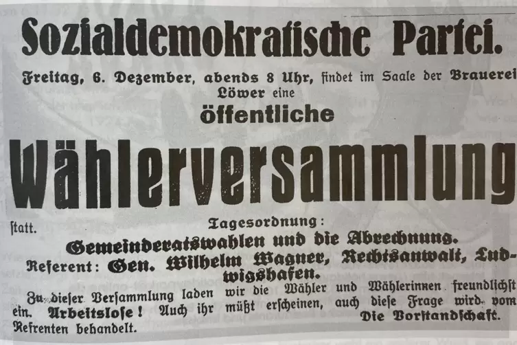 „Arbeitslose! Auch ihr müsst erscheinen“: Einladung zu einer Wahlversammlung im Saal Löwer von 1929. 