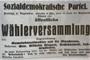 »Arbeitslose! Auch ihr müsst erscheinen«: Einladung zu einer Wahlversammlung im Saal Löwer von 1929.