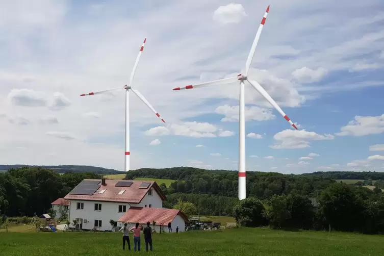 Eine Simulation: Vom auf Hornbacher Gemarkung gelegenen Eichenhof könnte sich beim Bau der geplanten „Zweibrücker“ Windanlagen d