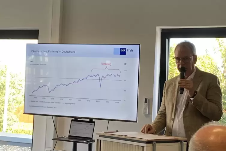 Albrecht Hornbach, der Präsident der IHK Pfalz, zeigt die Flatline des BIP von Deutschland. 