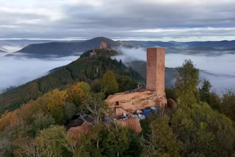 Burg-Dreifaltigkeit (von hinten): Trifels, Anebos und Münz. 