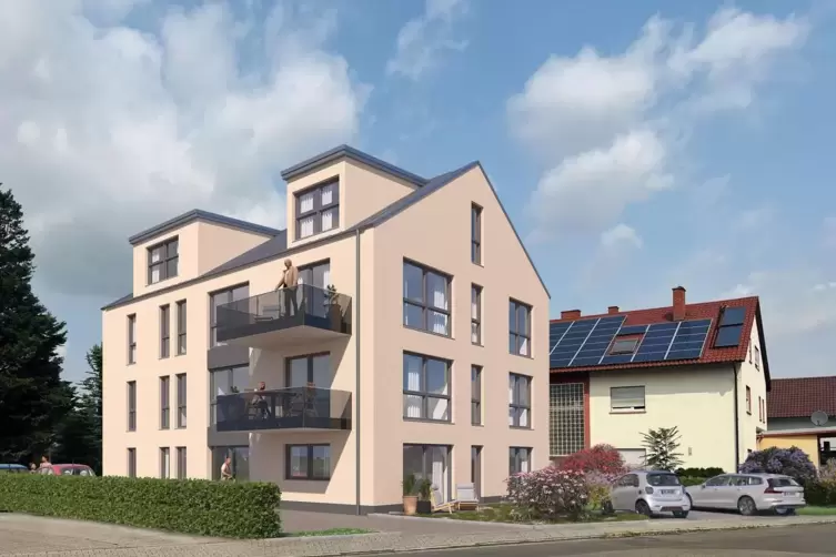 So soll der Neubau in der Goethestraße im Sommer 2025 aussehen. Der Rohbau im Lautereckenviertel steht. 